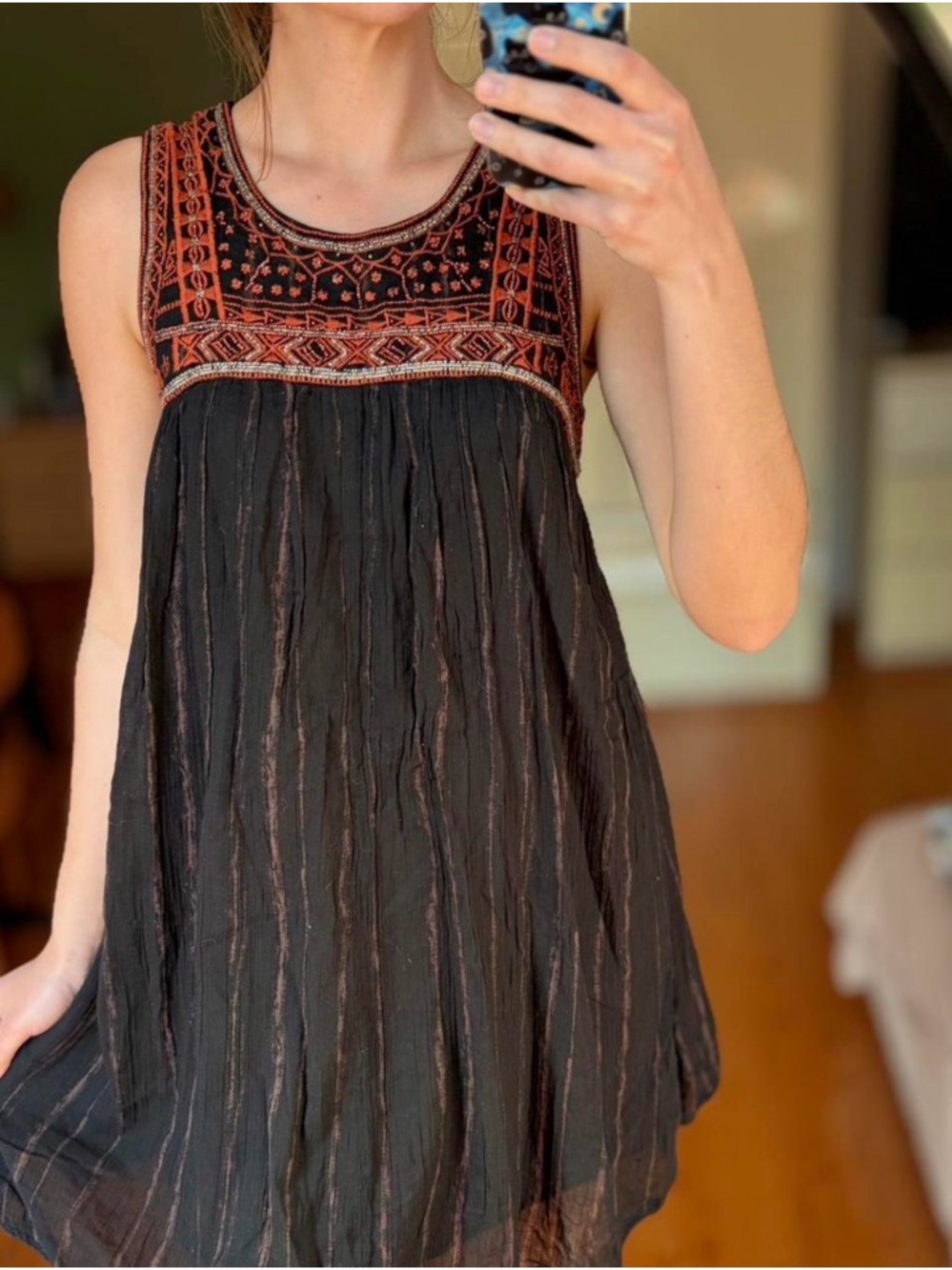 Free People Boho Embroidered Sleeveless Tunic Dress - Black with Beaded Accents